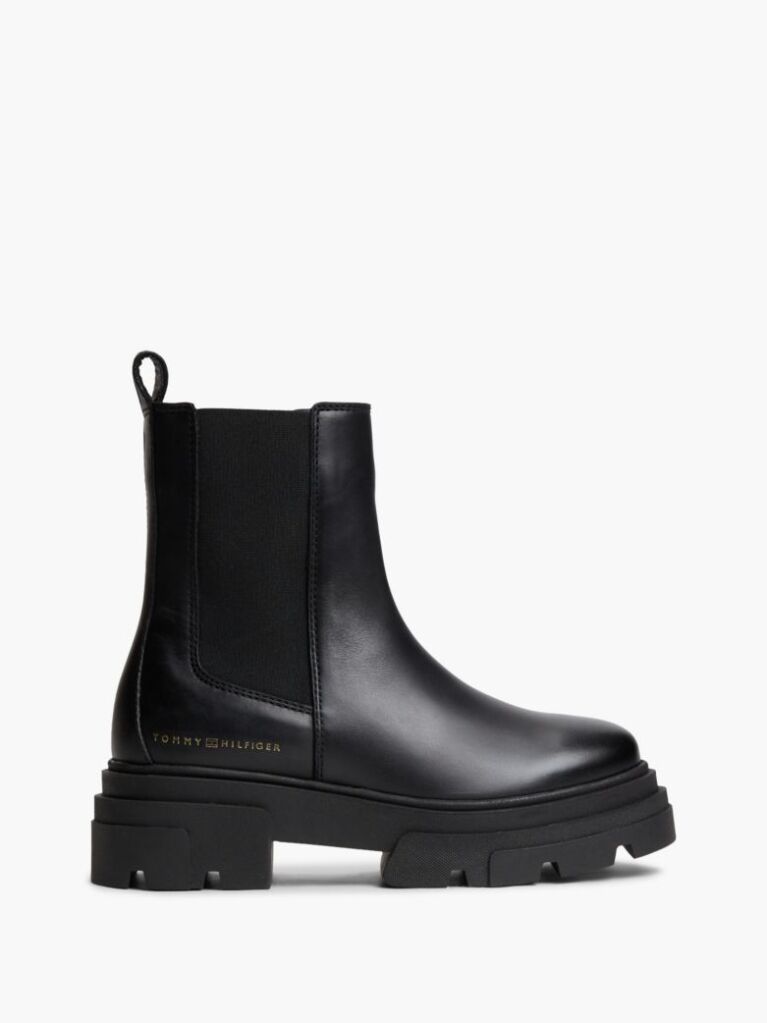 Black Leather Chunky Chelsea Boots  Women