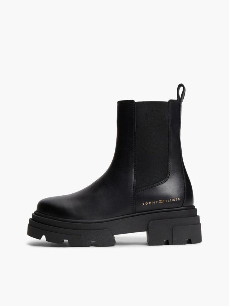 Black Leather Chunky Chelsea Boots  Women
