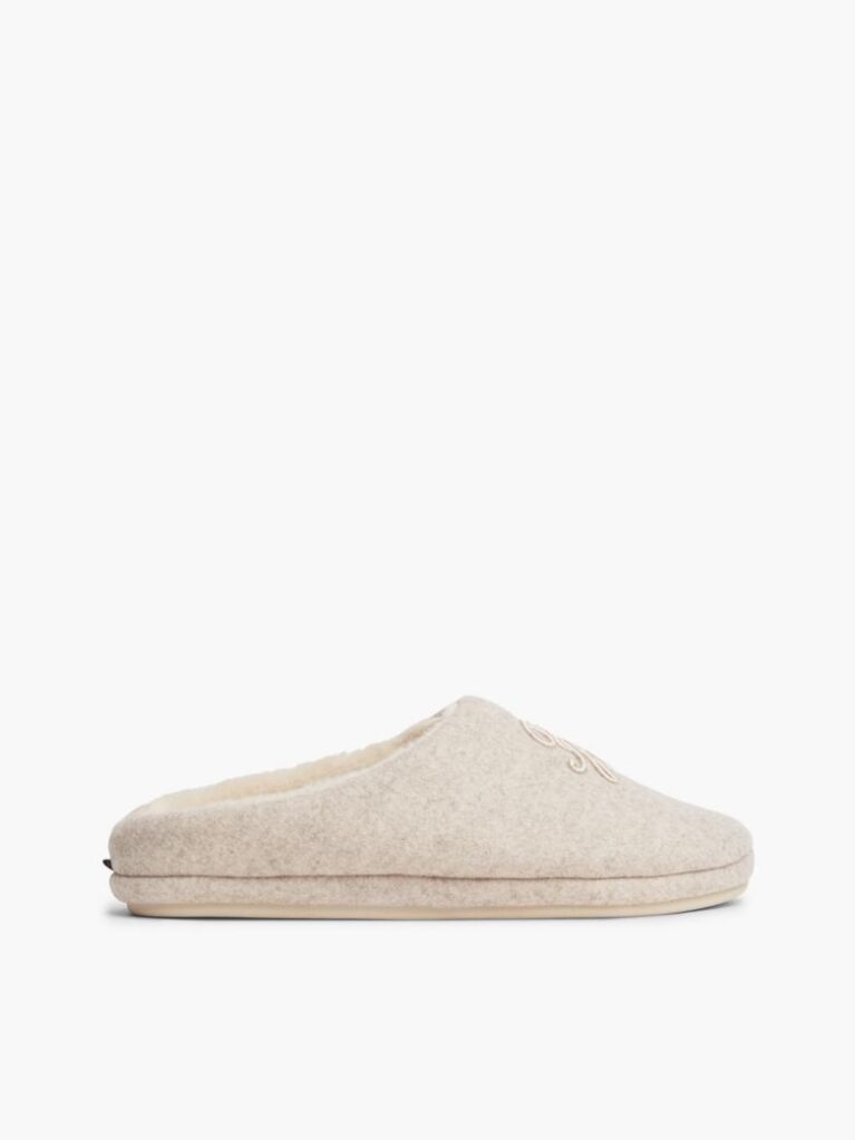 Beige Logo Embroidery Flannel Slippers  Women