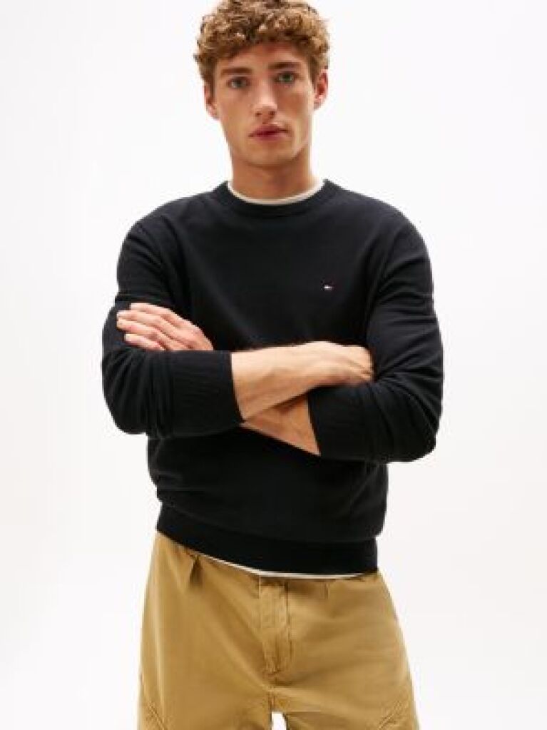 Black Cotton Cashmere Crew Neck Jumper.  Men