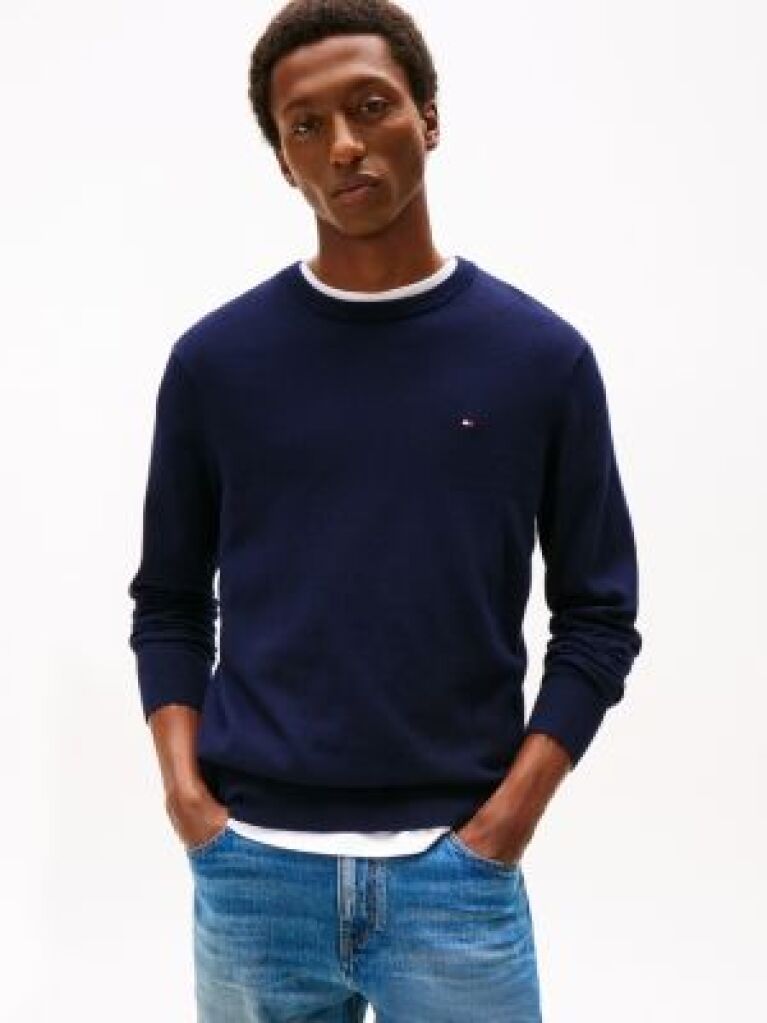 Blue Cotton Cashmere Crew Neck Jumper.  Men