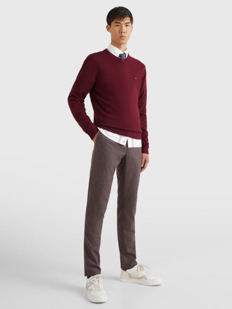 Red Cotton Cashmere V-Neck Jumper  Men