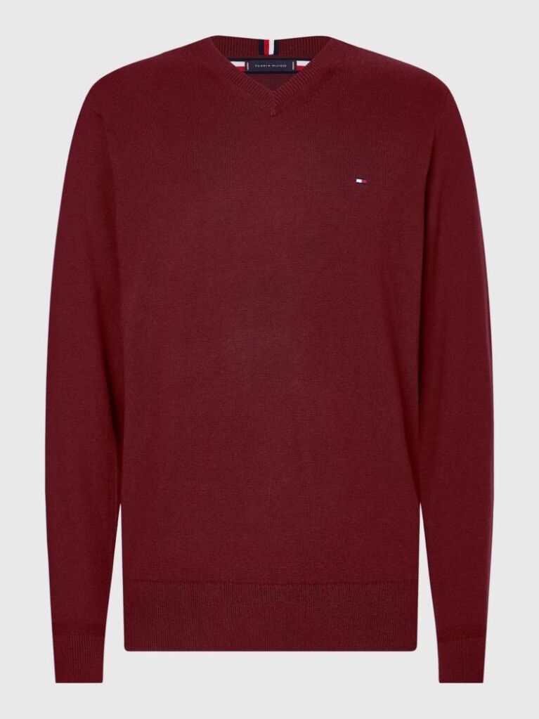 Red Cotton Cashmere V-Neck Jumper  Men
