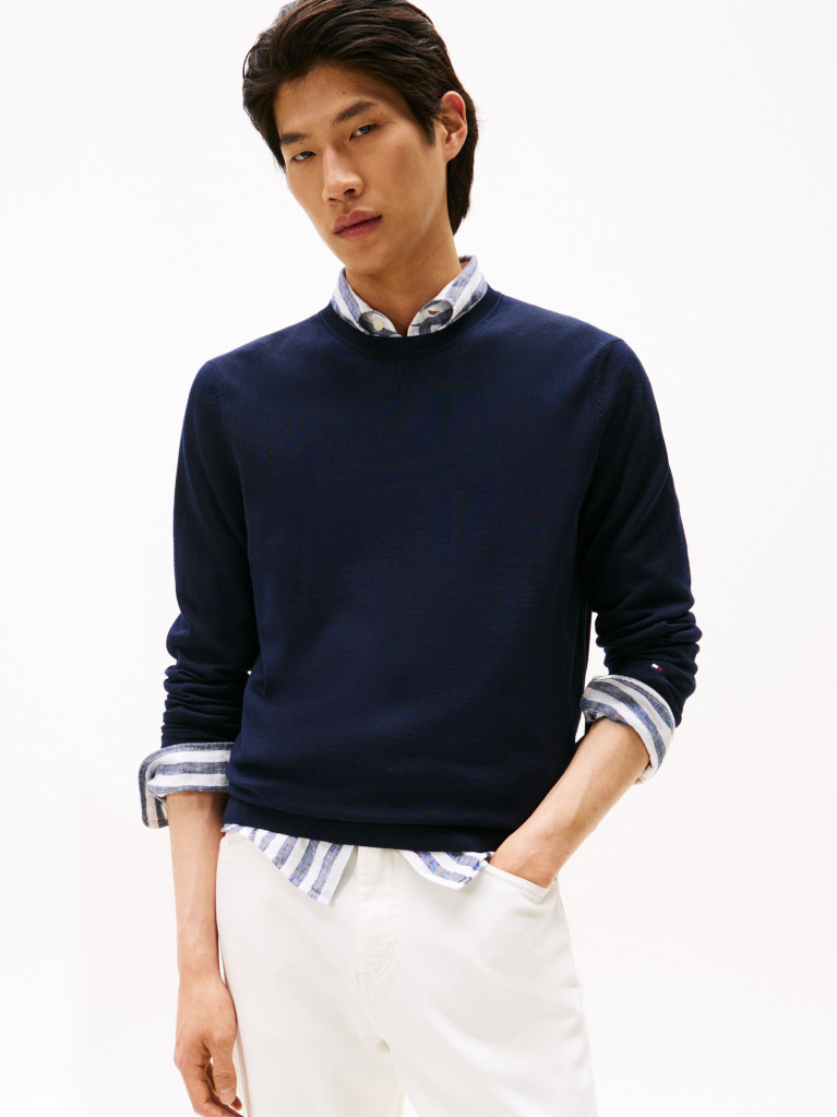 Blue Fine Merino Wool Crew Neck Sweater  Men
