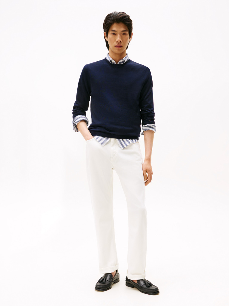 Blue Fine Merino Wool Crew Neck Sweater  Men