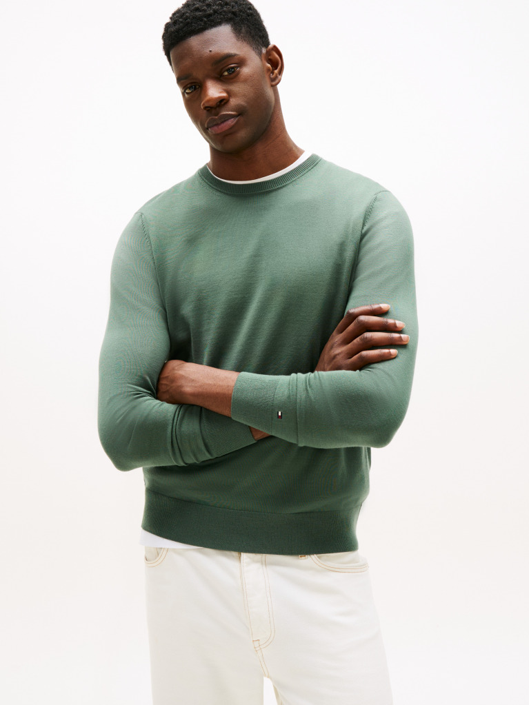 Green Fine Merino Wool Crew Neck Sweater  Men