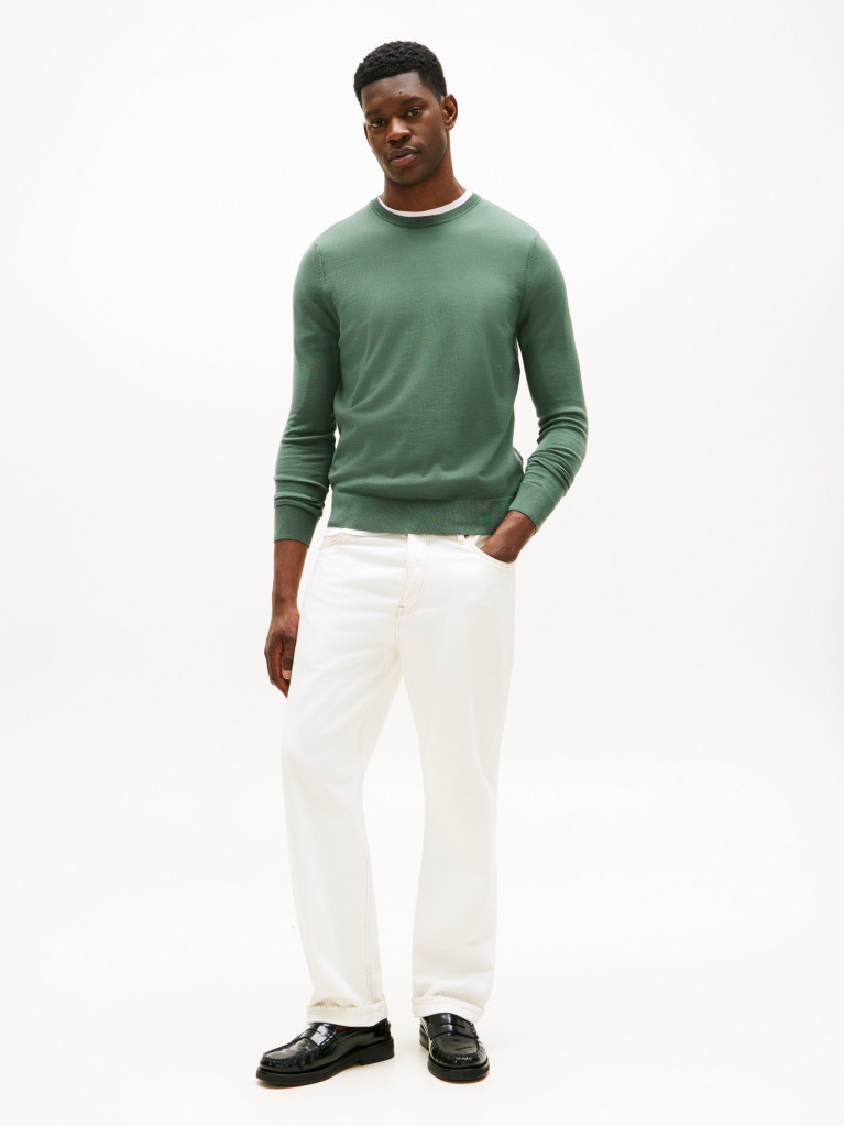 Green Fine Merino Wool Crew Neck Sweater  Men