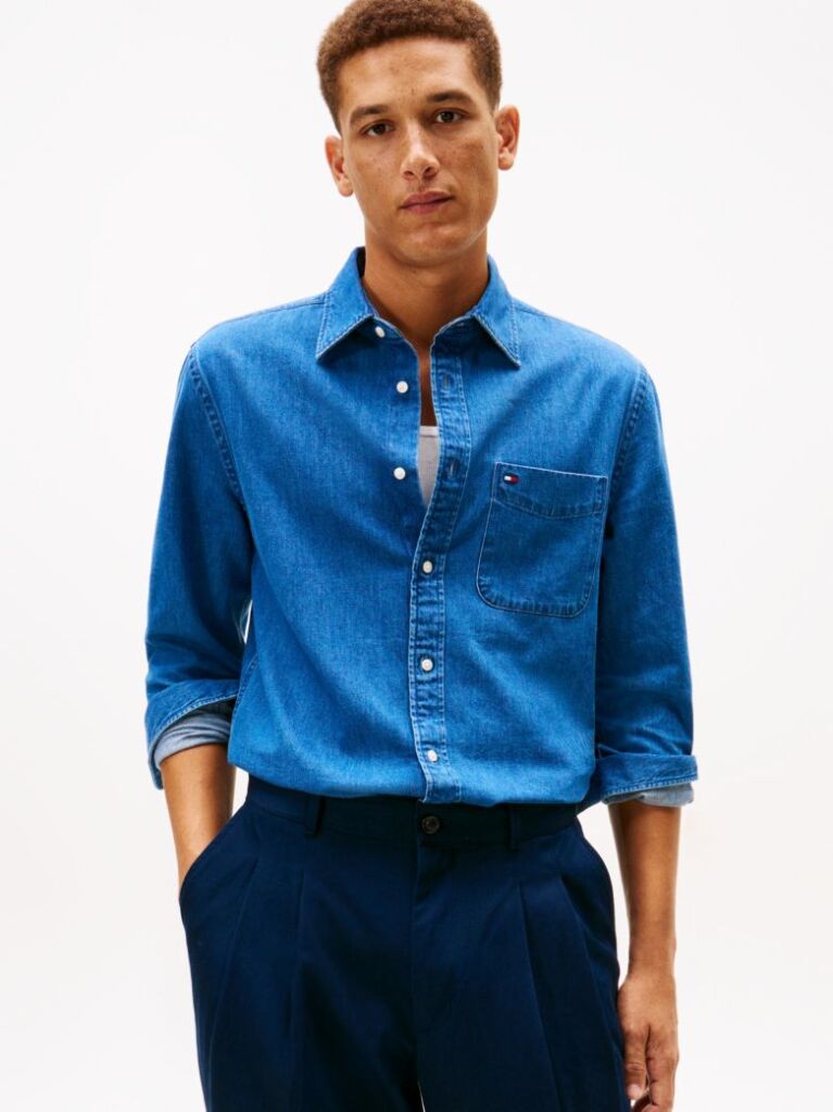 Denim Πουκάμισο Τζιν Σε Κανονική Γραμμή Με Κεντημένη Σημαία  Άνδρες