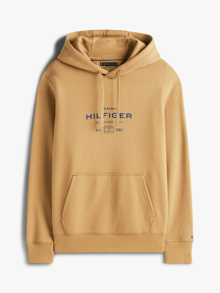 Brown Perfect for fighting the cold, this warm hoodie is enhanced with a stylish, tonal Tommy Hilfiger logo and crafted from high-quality interlock knit.  Men