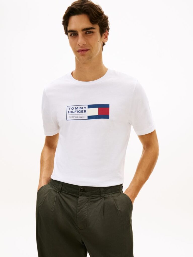 Άσπρο Βαμβακερό T-Shirt Με Κλασσική Λαιμόκοψη Και Λογότυπο  Άνδρες