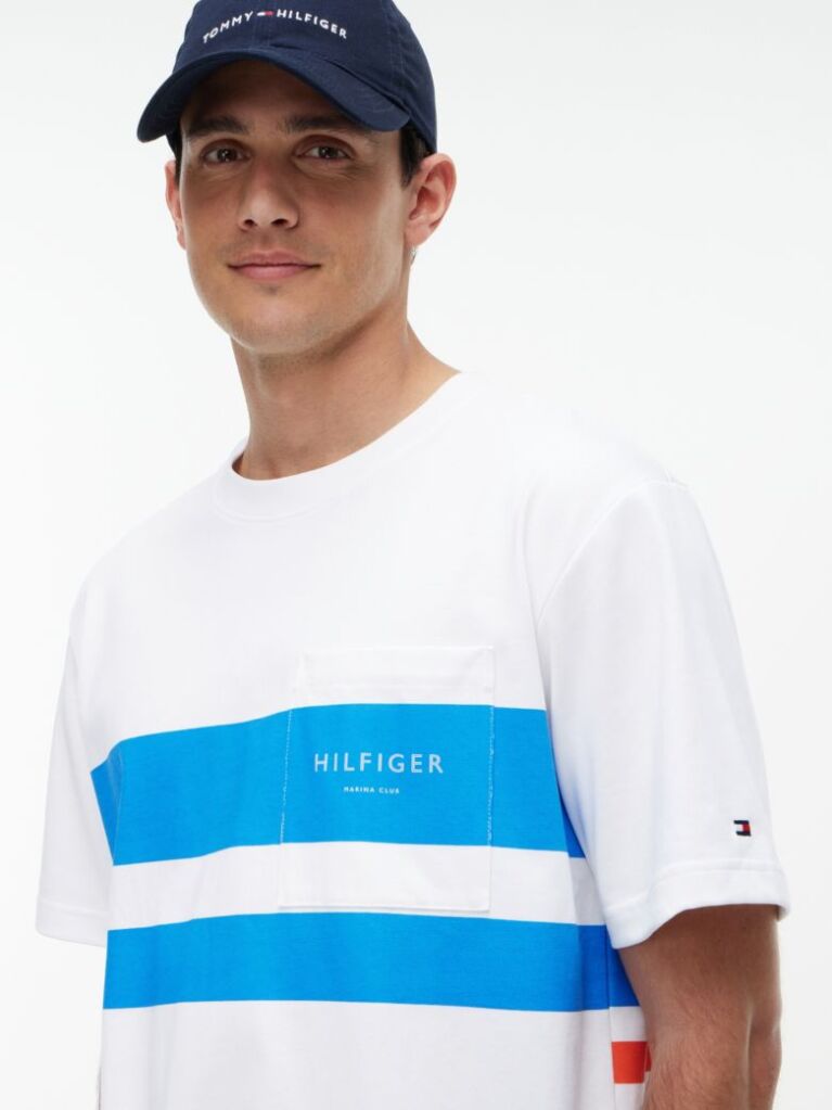Άσπρο Άνετο T-Shirt Με Colour-Blocked Ριγέ Σχέδιο  Άνδρες