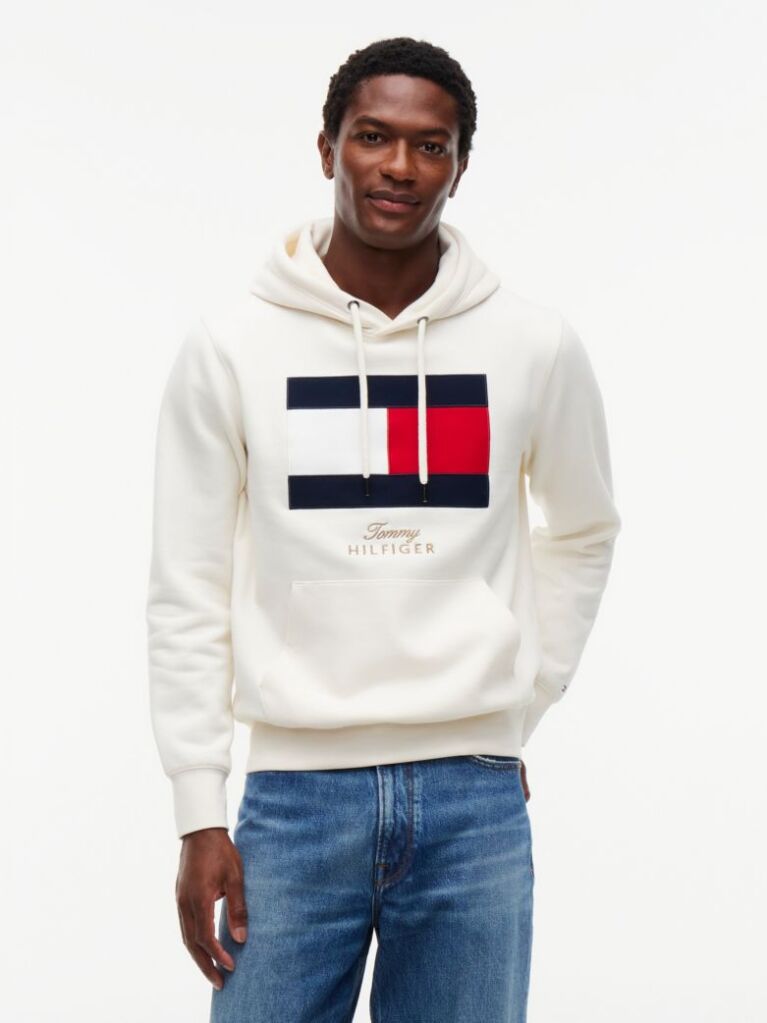Beige Flag Embroidery Logo Fleece Hoody  Men