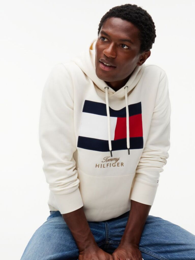 Beige Flag Embroidery Logo Fleece Hoody  Men