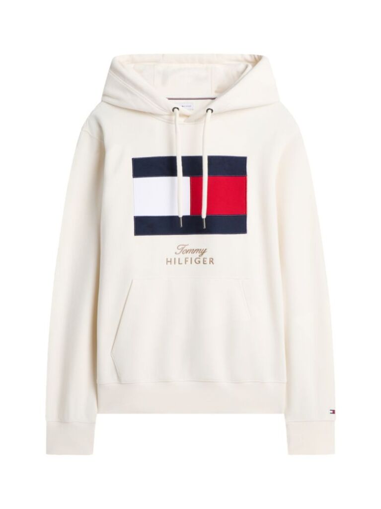 Beige Flag Embroidery Logo Fleece Hoody  Men