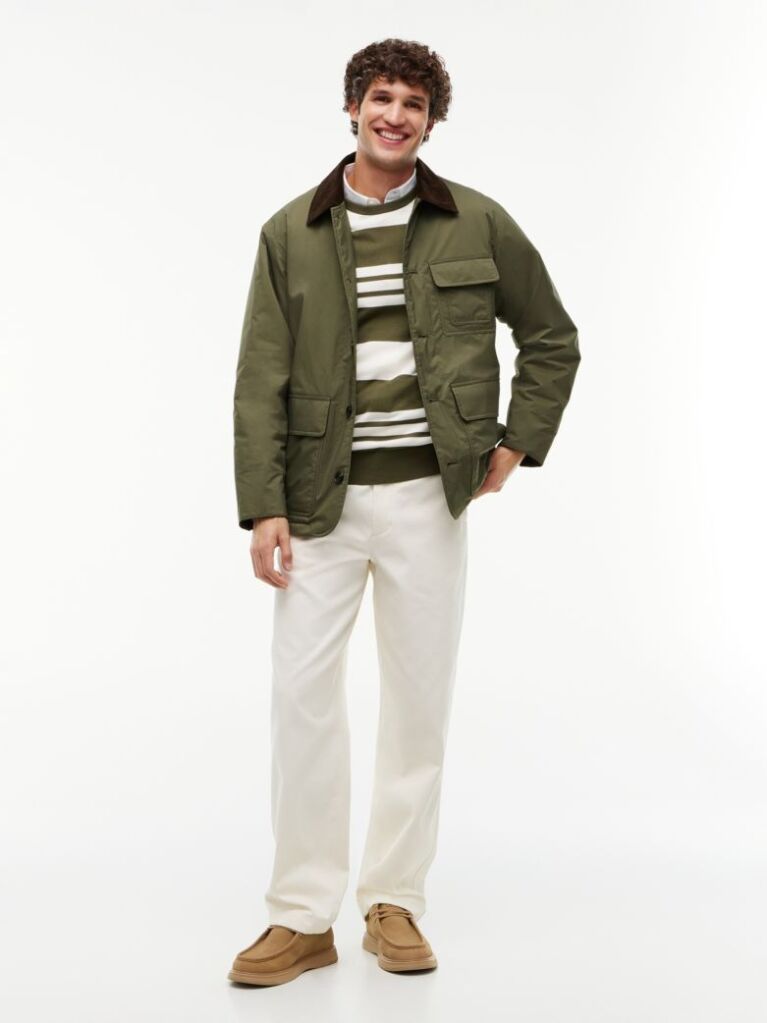 Green Corduroy Collar Padded Ripstop Barn Jacket  Men
