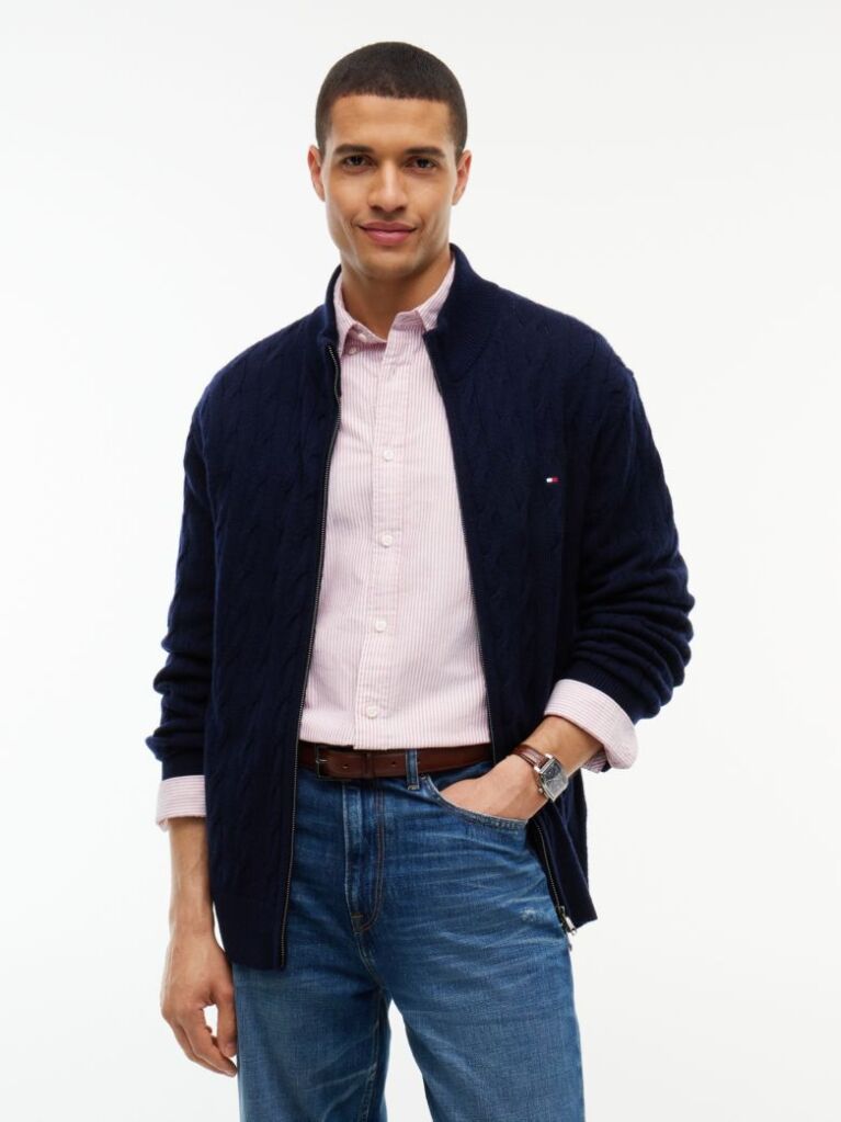 Blue Lambswool Zip-Thru Cable Knit Jumper  Men