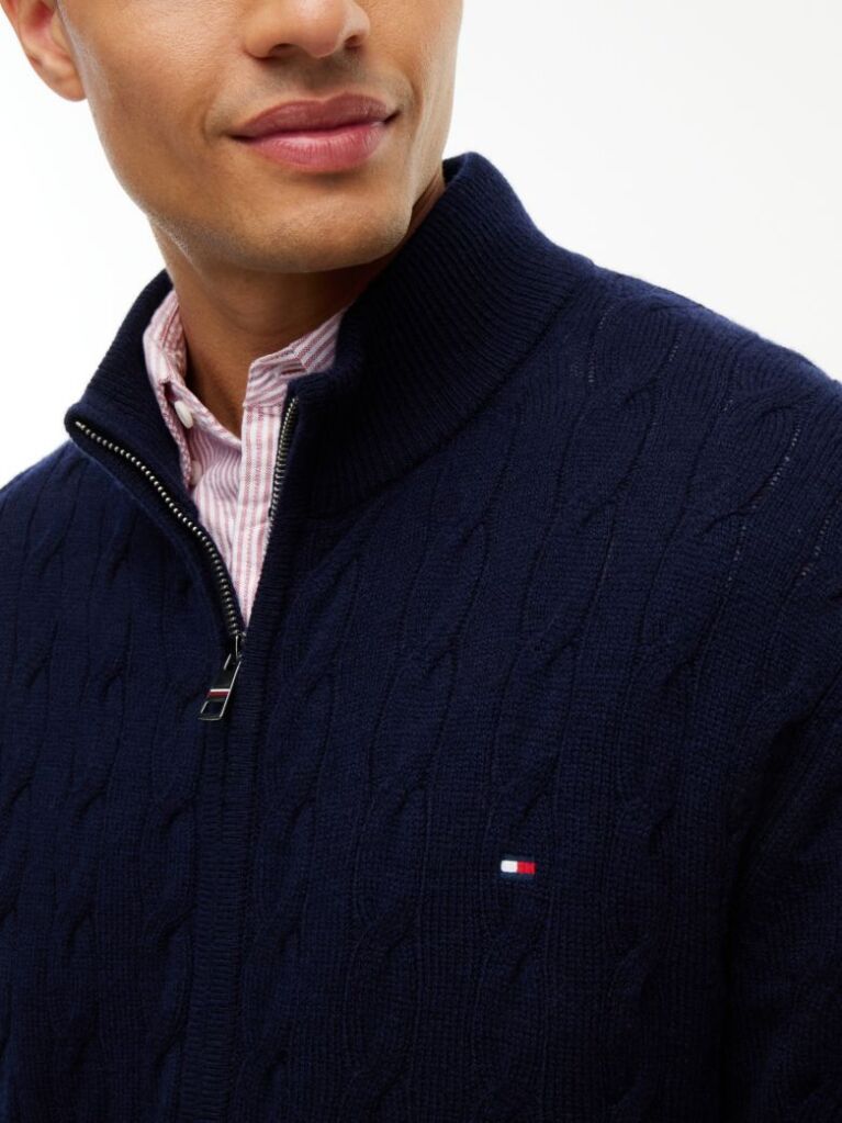 Blue Lambswool Zip-Thru Cable Knit Jumper  Men
