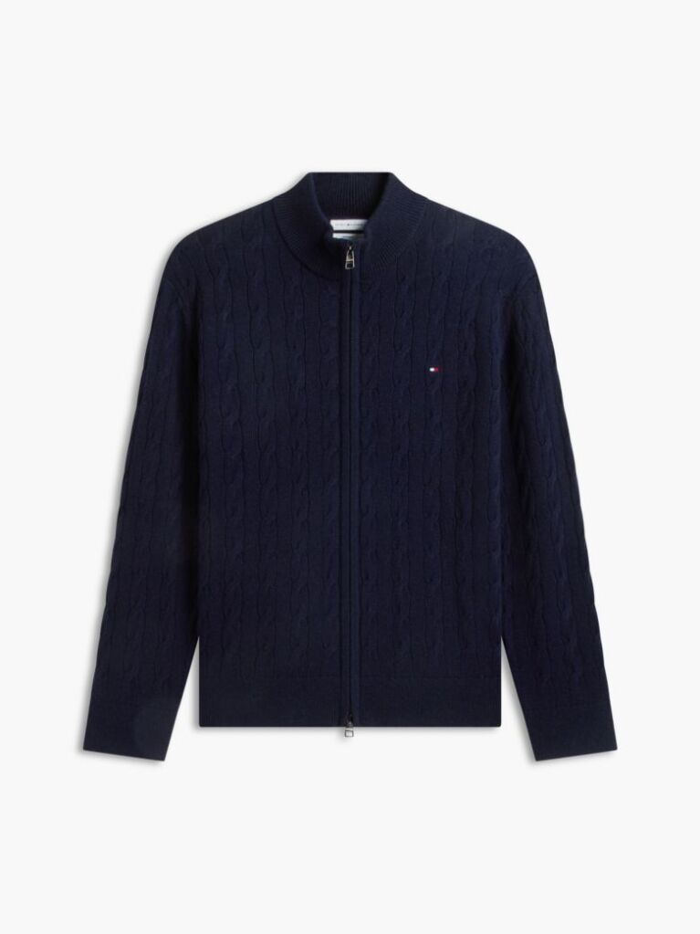 Blue Lambswool Zip-Thru Cable Knit Jumper  Men