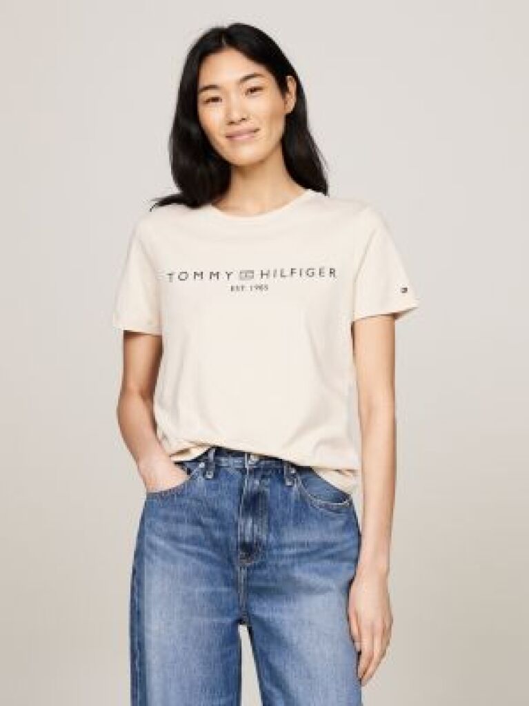 Μπεζ T-Shirt Με Κλασική Λαιμόκοψη Και Λογότυπο  Γυναίκες