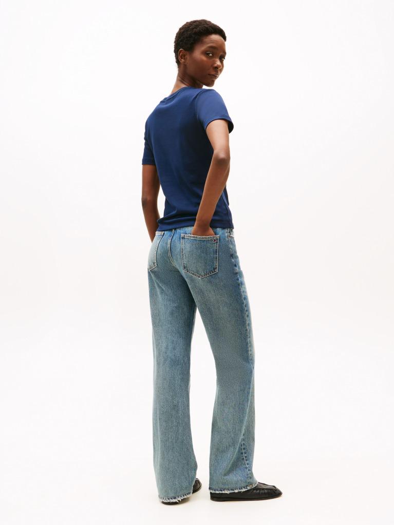 Μπλε Ριμπ T-Shirt Σε Slim Γραμμή Με Κεντητό Σημαιάκι  Γυναίκες