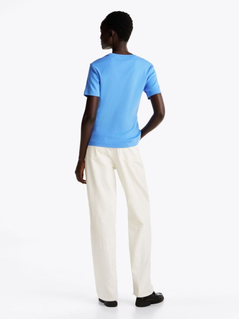Μπλε Ριμπ T-Shirt Σε Slim Γραμμή Με Κεντητό Σημαιάκι  Γυναίκες