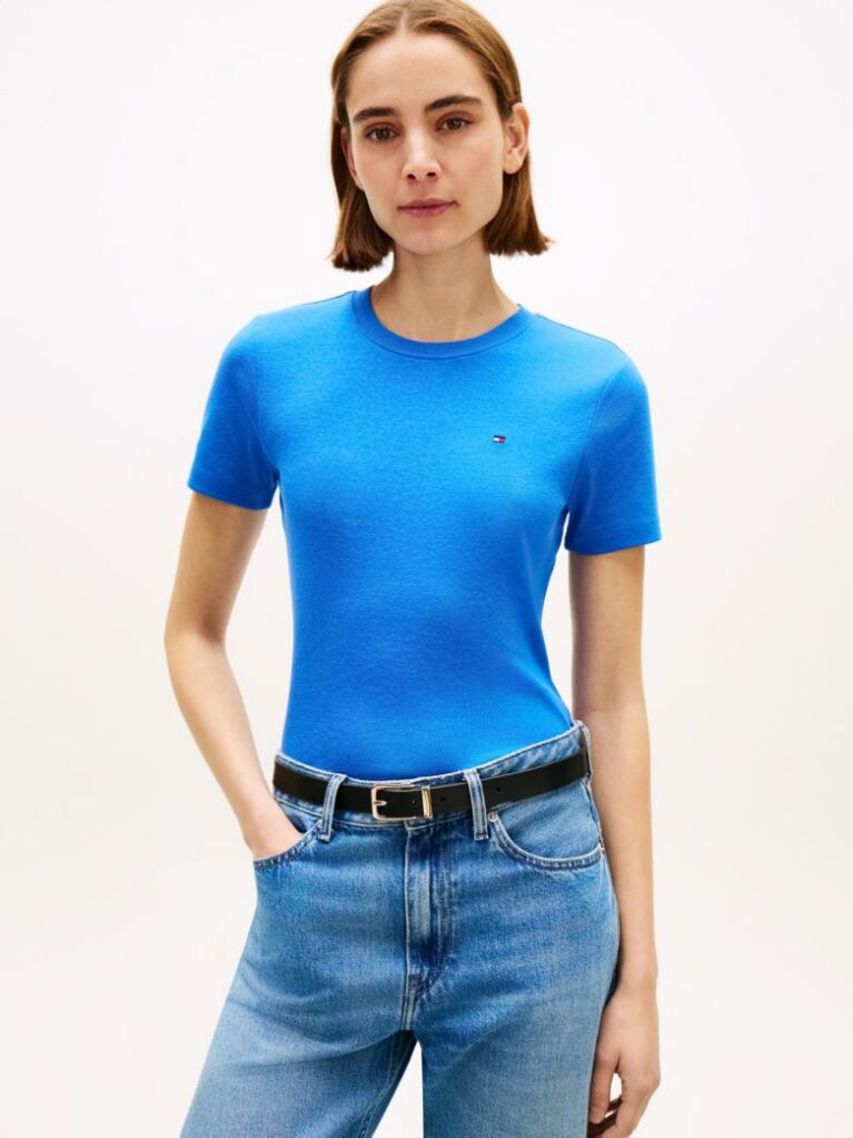 Μπλε Ριμπ T-Shirt Σε Slim Γραμμή Με Κεντητό Σημαιάκι  Γυναίκες
