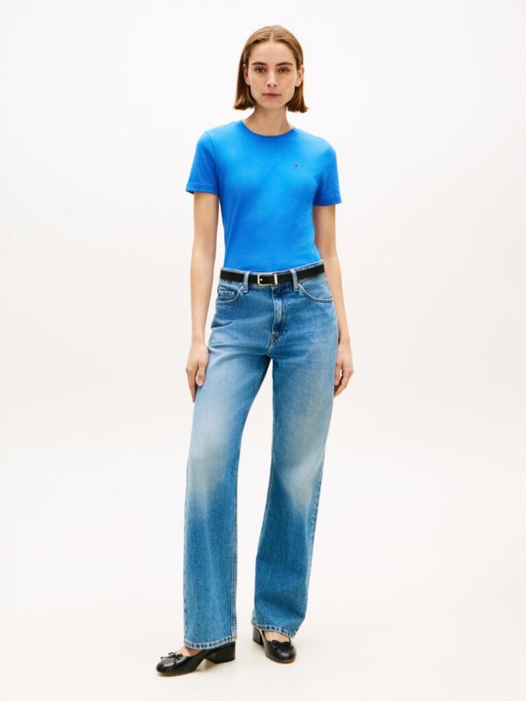 Μπλε Ριμπ T-Shirt Σε Slim Γραμμή Με Κεντητό Σημαιάκι  Γυναίκες