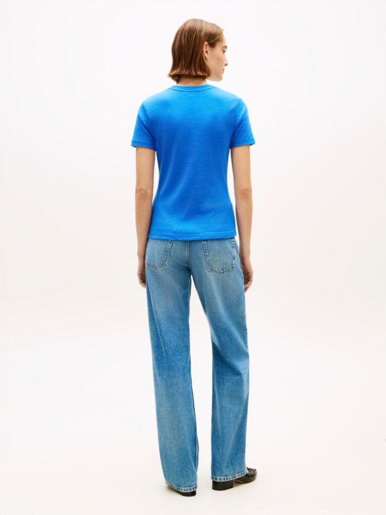 Μπλε Ριμπ T-Shirt Σε Slim Γραμμή Με Κεντητό Σημαιάκι  Γυναίκες