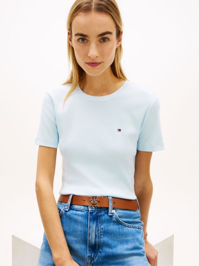 Μπλε Ριμπ T-Shirt Σε Slim Γραμμή Με Κεντητό Σημαιάκι  Γυναίκες