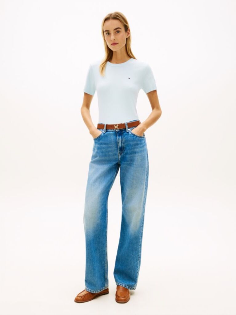 Μπλε Ριμπ T-Shirt Σε Slim Γραμμή Με Κεντητό Σημαιάκι  Γυναίκες