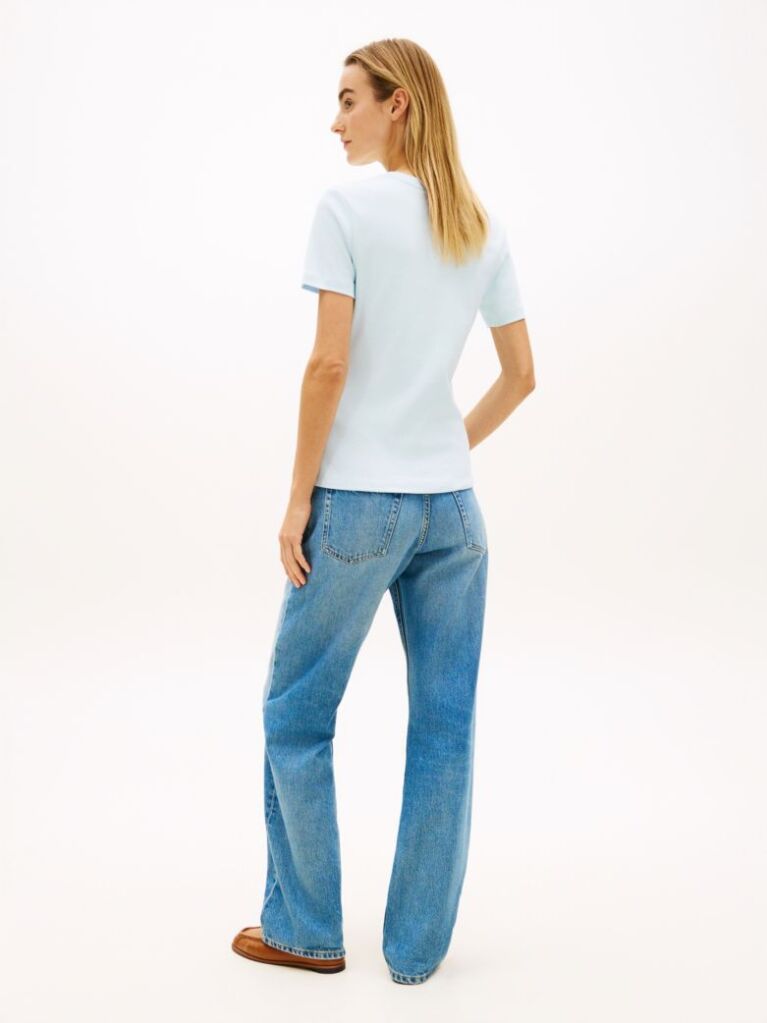 Μπλε Ριμπ T-Shirt Σε Slim Γραμμή Με Κεντητό Σημαιάκι  Γυναίκες