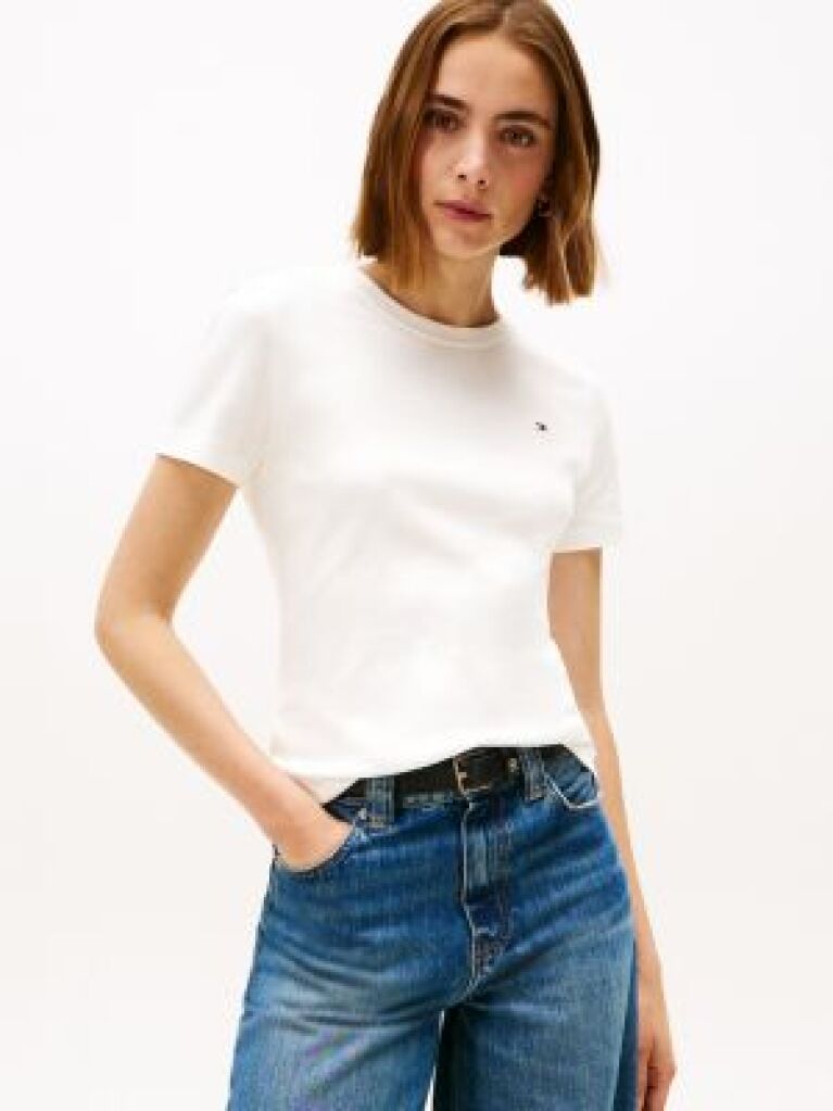 Μπεζ Ριμπ T-Shirt Σε Slim Γραμμή Με Κεντητό Σημαιάκι  Γυναίκες
