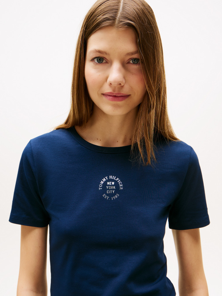 Μπλε Κοντομάνικο T-Shirt Σε Slim Γραμμή Με Λογότυπο  Γυναίκες