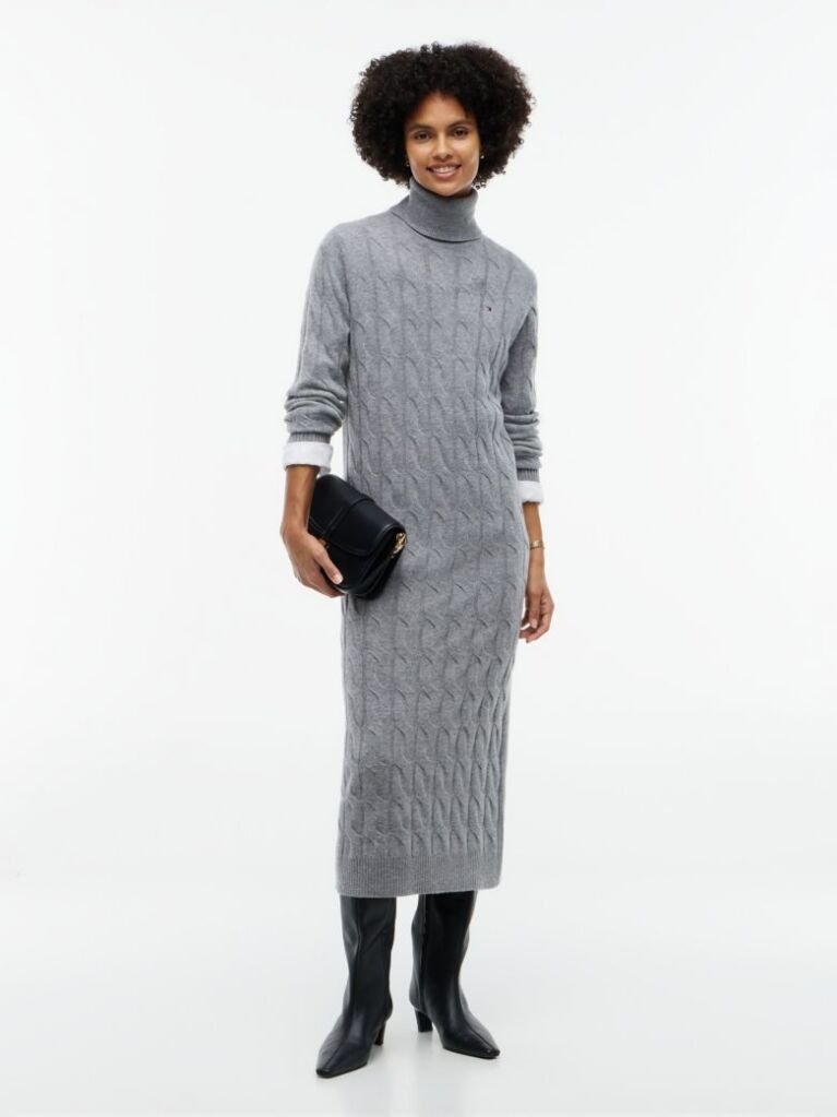 Grey Cable Knit Midi Soft Wool Jumper Dress  Women