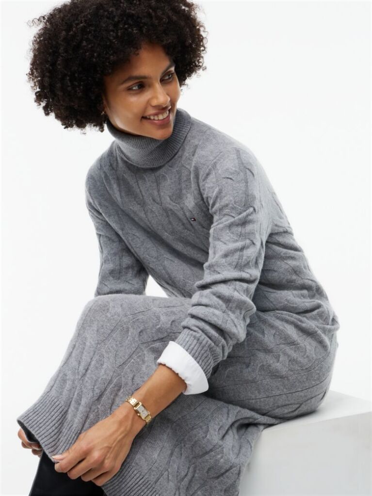 Grey Cable Knit Midi Soft Wool Jumper Dress  Women