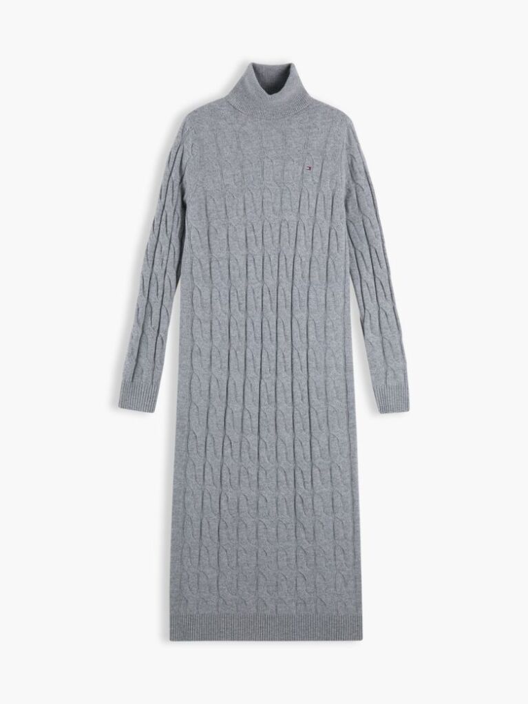 Grey Cable Knit Midi Soft Wool Jumper Dress  Women
