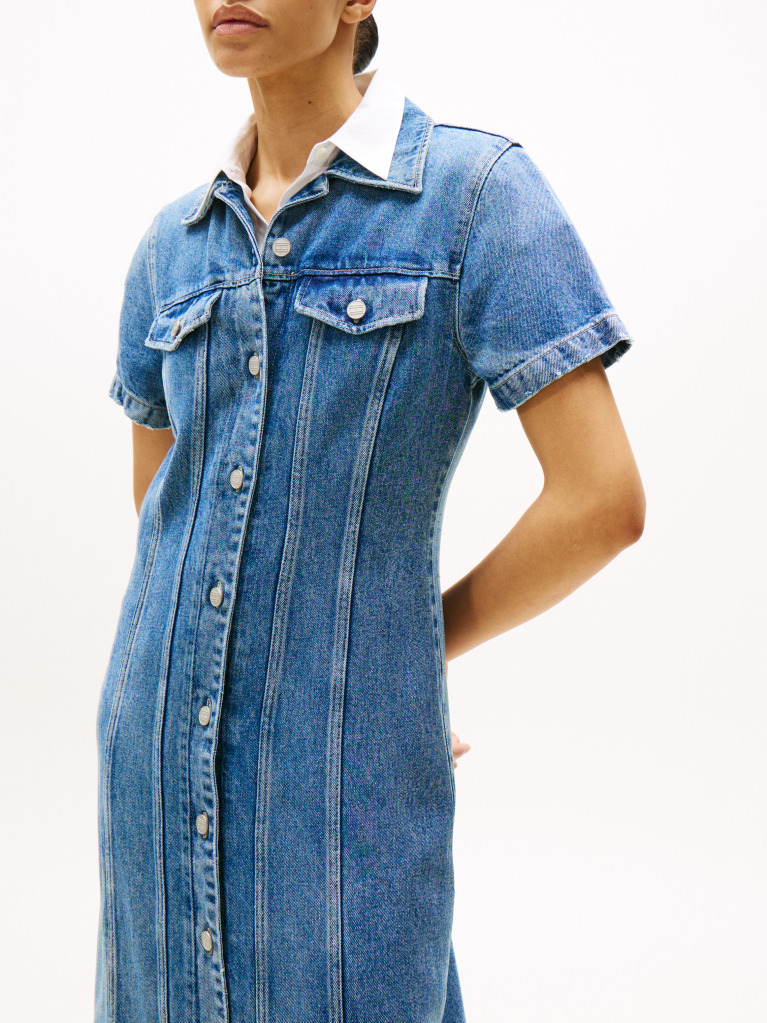 Μπλε ΚοντομάνικοDenim Φόρεμα Midi Σε Στιλ Πουκαμίσα  Γυναίκες