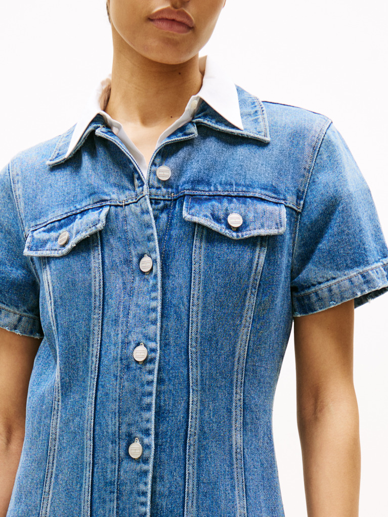 Μπλε ΚοντομάνικοDenim Φόρεμα Midi Σε Στιλ Πουκαμίσα  Γυναίκες