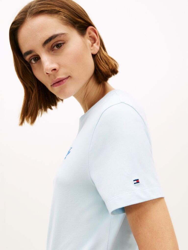 Μπλε T-Shirt Με Κλασική Λαιμόκοψη Και Κεντητό Λογότυπο  Γυναίκες