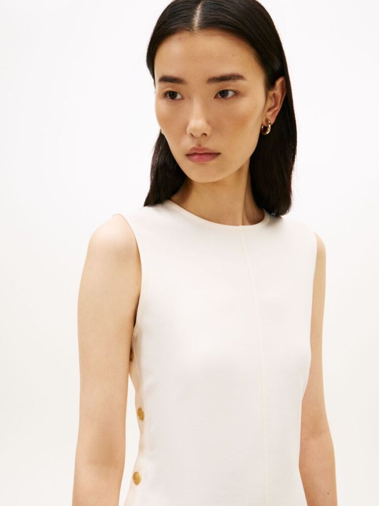 Beige Gold-Tone Button Sleeveless Midi Dress  Women