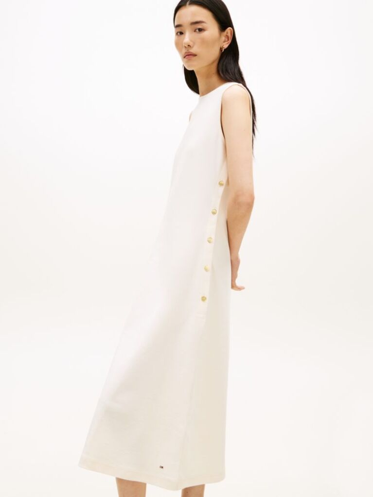 Beige Gold-Tone Button Sleeveless Midi Dress  Women