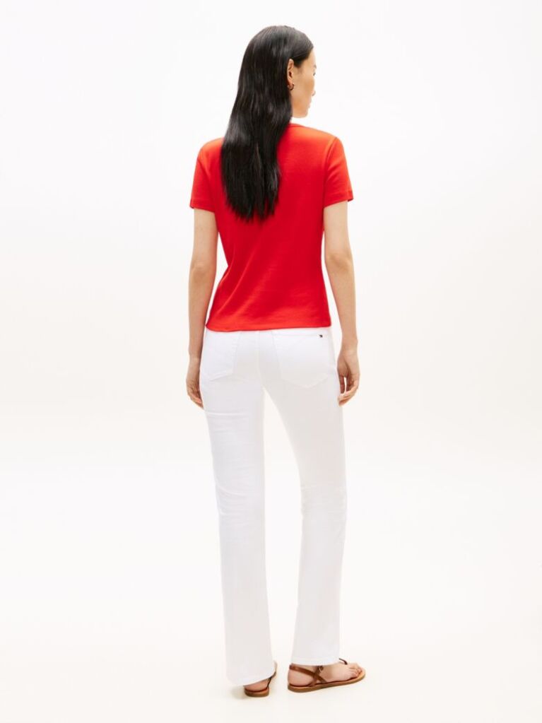Κόκκινο Slim T-Shirt Με Χρυσά Κουμπιά Και Boat Λαιμόκοψη  Γυναίκες