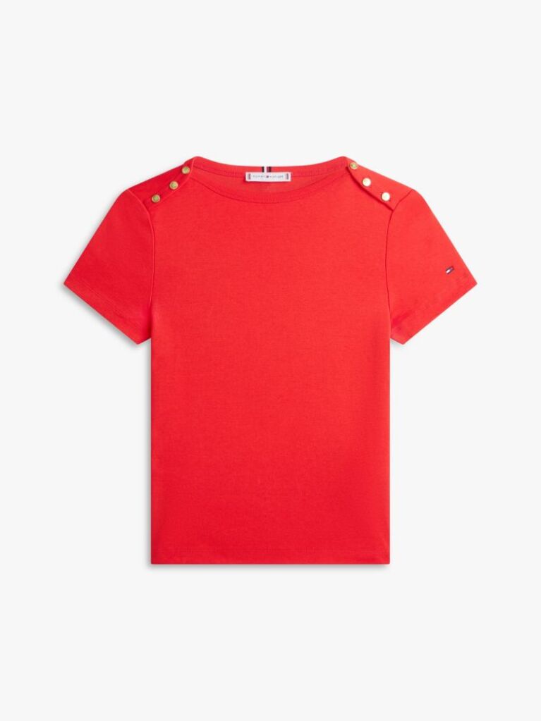 Κόκκινο Slim T-Shirt Με Χρυσά Κουμπιά Και Boat Λαιμόκοψη  Γυναίκες