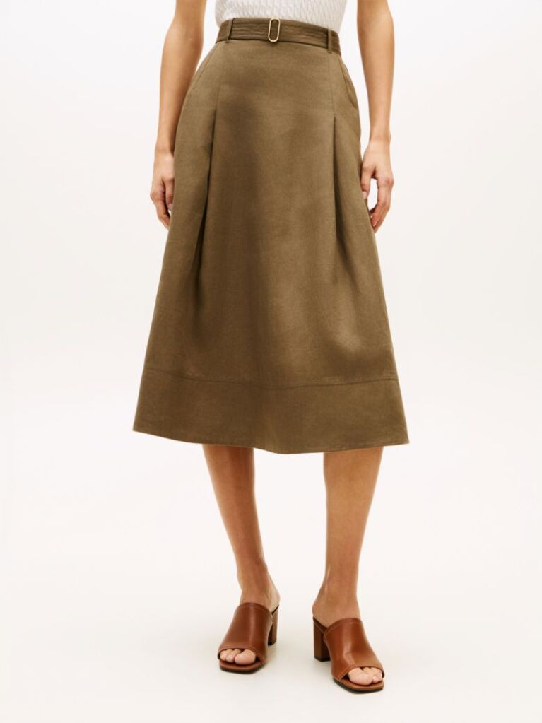 Green Pure Linen Midi Flared Utility Skirt  Women