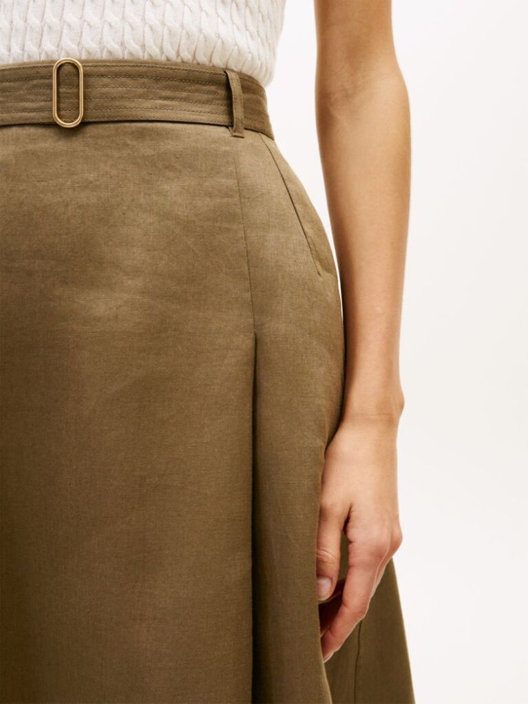 Green Pure Linen Midi Flared Utility Skirt  Women