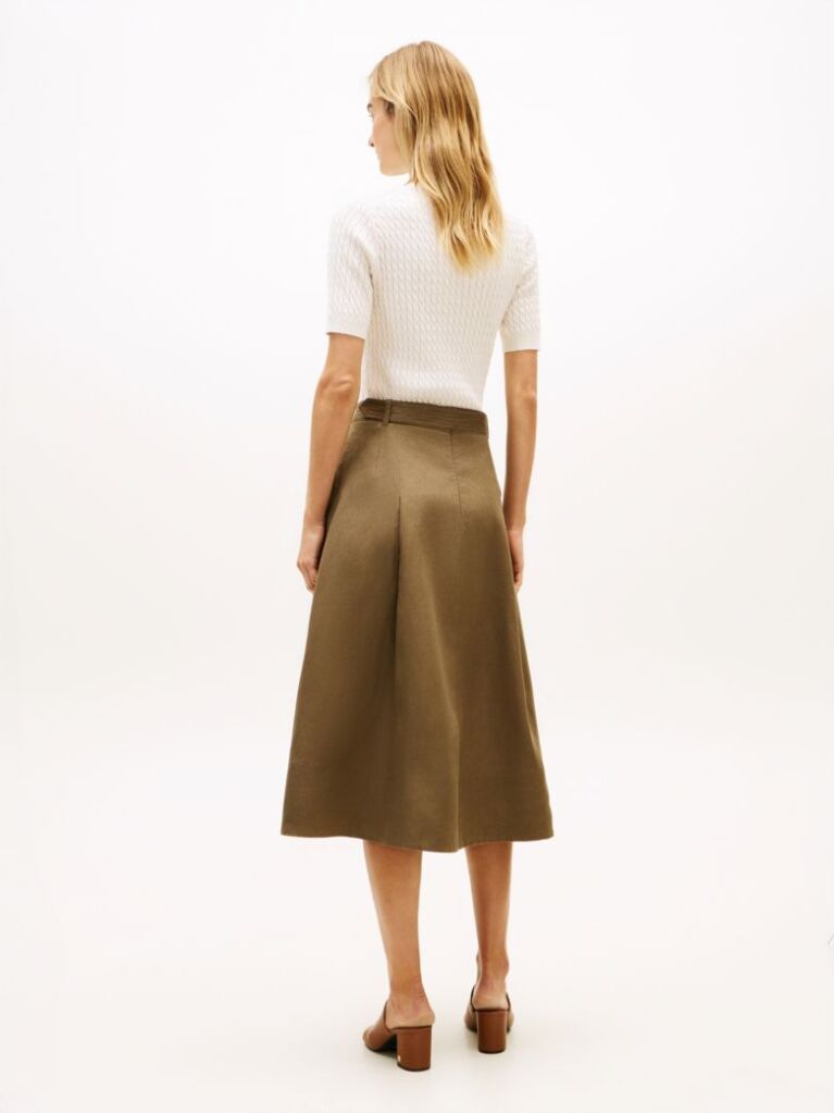Green Pure Linen Midi Flared Utility Skirt  Women