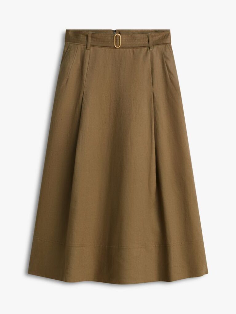 Green Pure Linen Midi Flared Utility Skirt  Women
