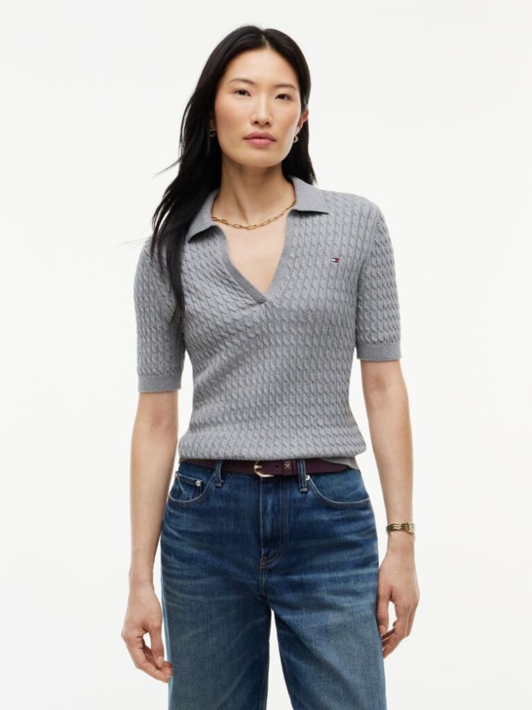 Grey Cable Knit Short Sleeve Polo Jumper  Women