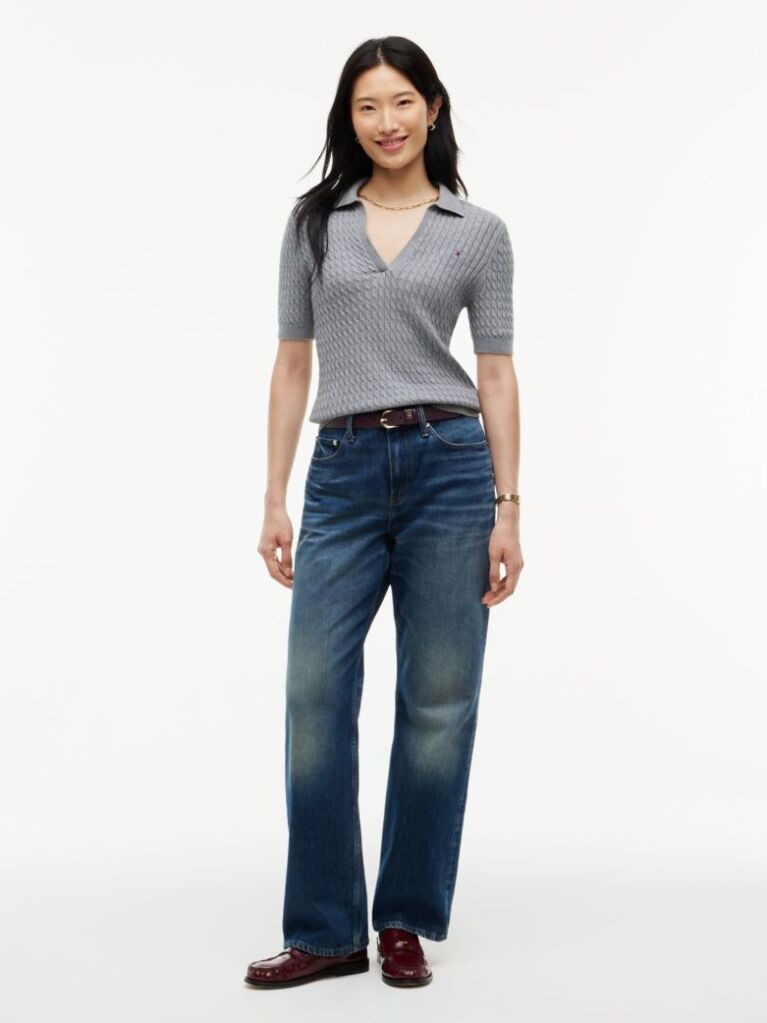 Grey Cable Knit Short Sleeve Polo Jumper  Women