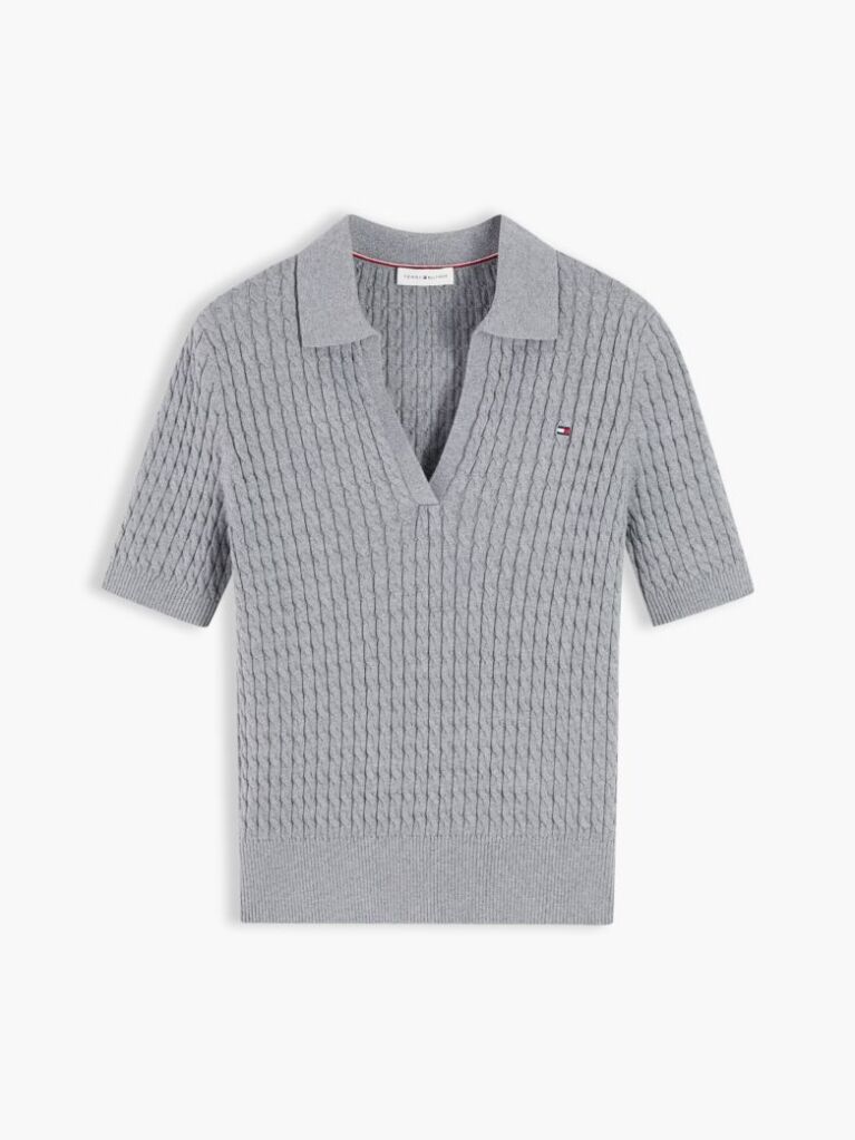 Grey Cable Knit Short Sleeve Polo Jumper  Women